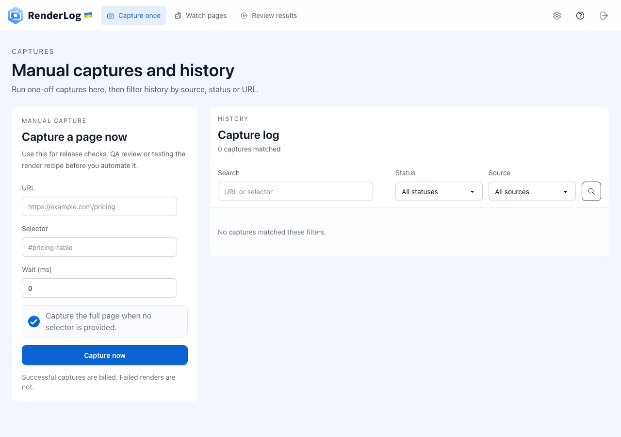 Manual website captures with RenderLog