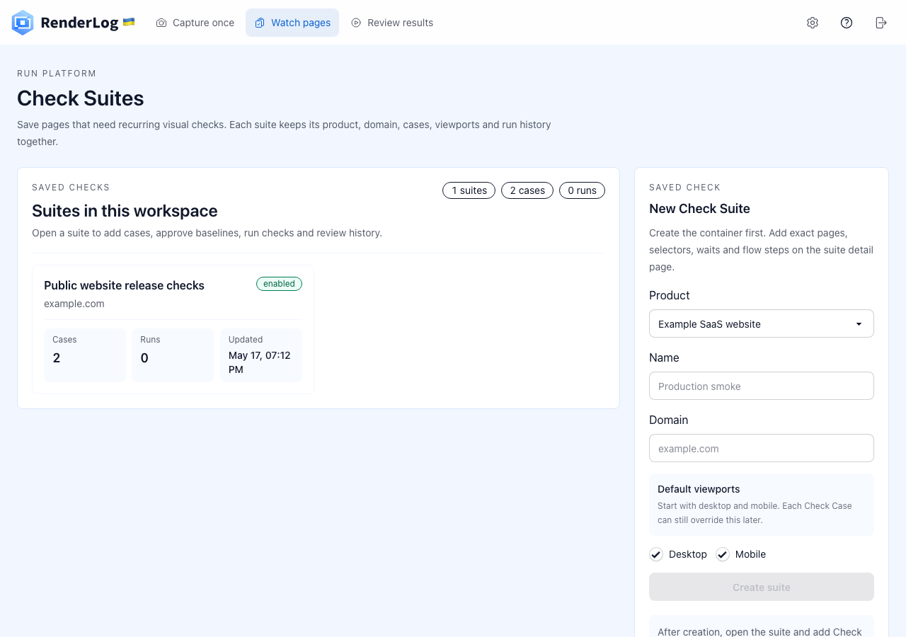 Schedule visual check automations with RenderLog